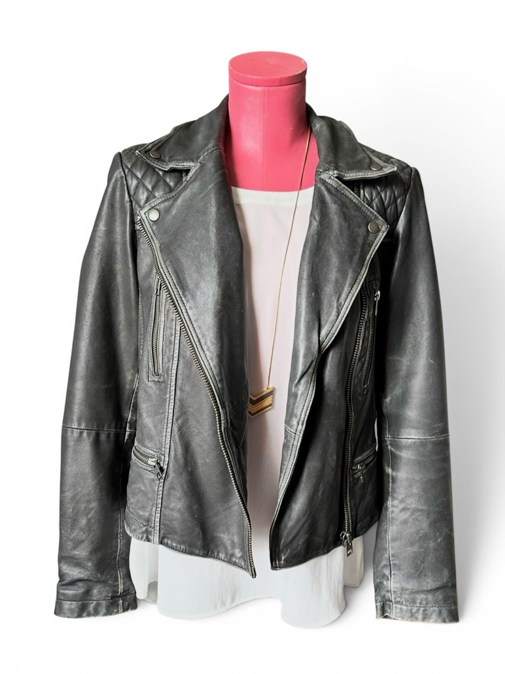 All Saints W’s Cargo Distressed Leather Biker Jacket, Black/Grey, Size 10